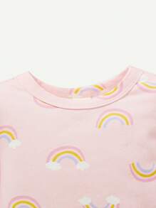 Cozy Pixies Baby Girl Snug Fit Rainbow Printed Round Neck Top And Long Pants Pajama Set