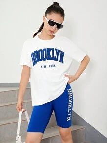 SHEIN Leap Crew Teen Girl Printed Drop Shoulder T-Shirt And Shorts Sports Leisure Two-Piece Set - Royal Blue - View 5