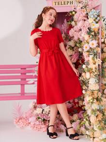 SHEIN Vestido Elegante De Color Sólido Tejido Para Adolescentes Chicas - Rojo - Ver 1