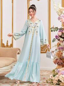 SHEIN Leap Crew Teen Girls' Printed Color-Blocked Gold-Tone Belted V-Neck Dress - Green - View 3