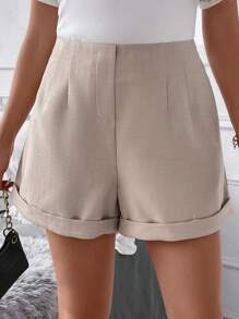 SHEIN LUNE Plus High Waist Roll Up Hem Shorts - Apricot - View 6