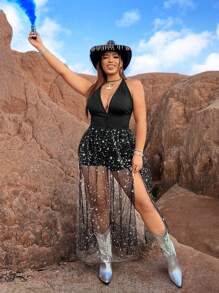 Flirla Plus-größe Rundhals Casual Romper Mit Mesh Und Offener Rücken Ausschnitt, Hoher Schlitz Bein Und Halfter Hals Design