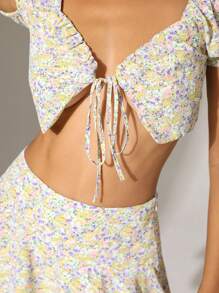 SHEIN Holidaya 2 件 Anewsta 休闲碎花黄色系带露肩荷叶边半身裙套装，度假风格