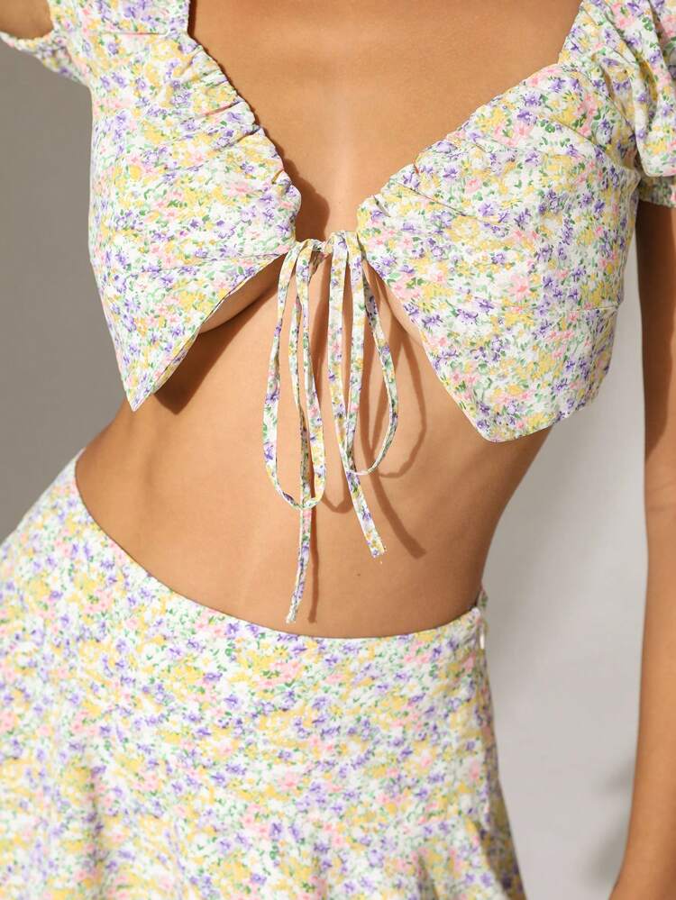 2pcs Anewsta Casual Ditsy Floral Yellow Tie Front Off Shoulder Ruffle Skirt Set, Vacation Style