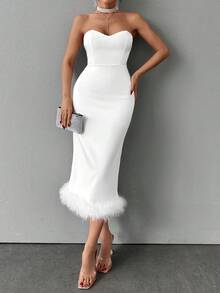 EURMUSE Ladies' Solid Color Splicing Bandeau Dress - White - View 4