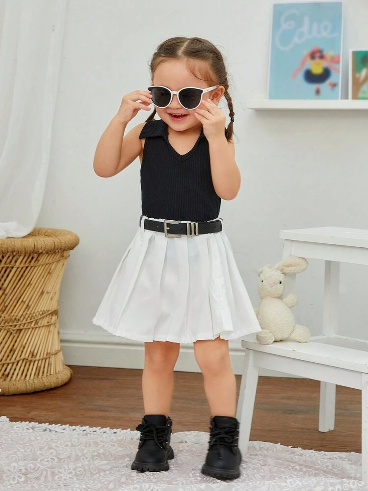 Baby Girl Sleeveless Top & Pleated Skirt Set With Belt For Spring/Summer