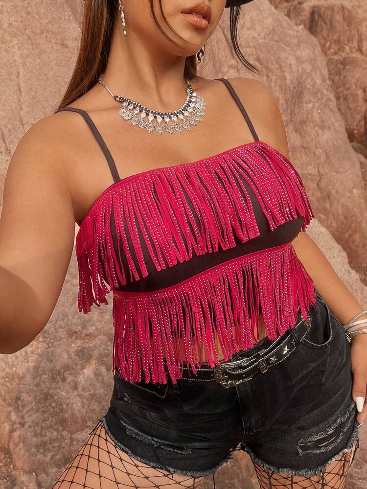 Plus Size Tassel & Rhinestone Decorated Spaghetti Strap Top