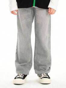 Tween Boy's Straight Leg Denim Pants Loose Fit Casual Trousers, Spring And Autumn