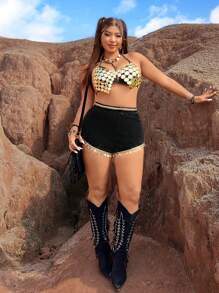 Flirla Plus Size Shiny Sequin Trim Woven Belt Shorts - Black - View 4
