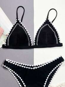 SHEIN Swim Summer Beach Ladies' Color Block Padded Bikini Top With Trim Detail Carnival - Black - View 2