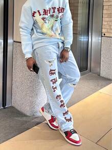 男士字母圖案破洞直筒牛仔褲 - 淺色水洗藍 - 查看 7