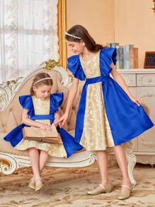 SHEIN Vestido com Manga Curta e Cintura Franzida em Tecido Jacquard com Caimento Colorido para Meninas Pré-Adolescentes