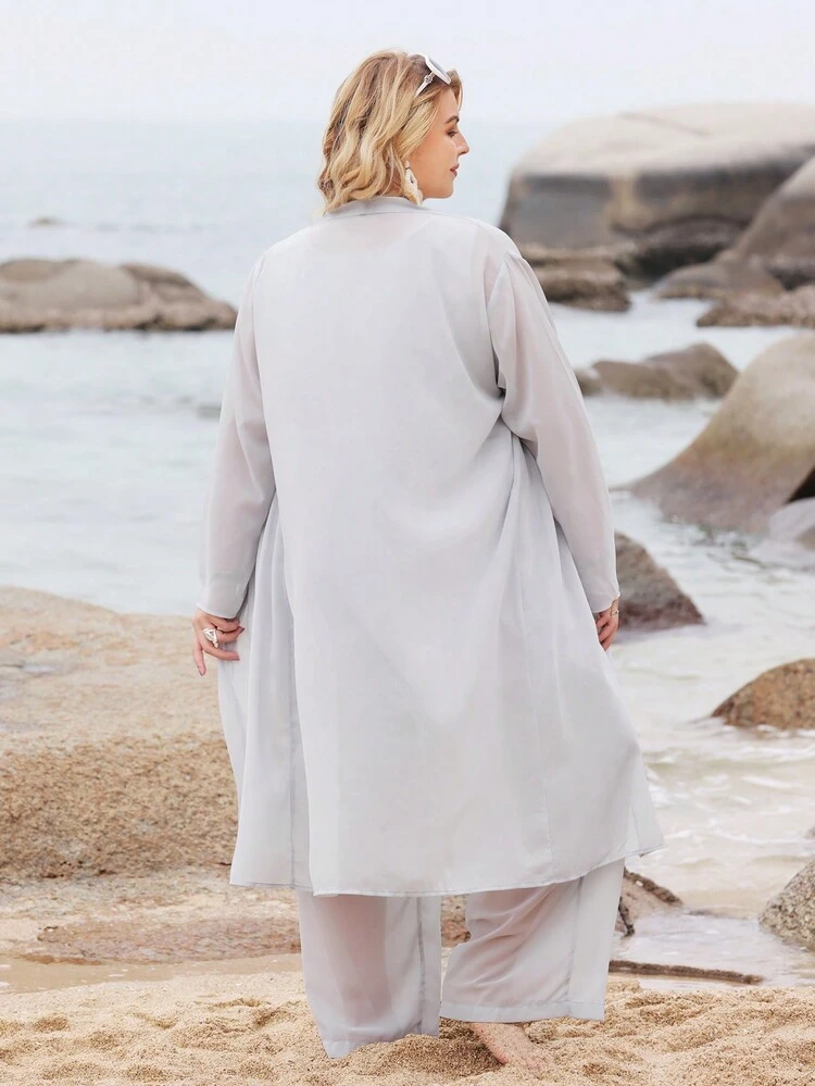 Plus Size Solid Color Cardigan And Pants Two-Piece Set Fall Cloth For Women