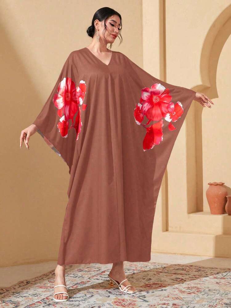 Positioned Floral Print Batwing Sleeve Dress Kaftan Jalabiya Dress