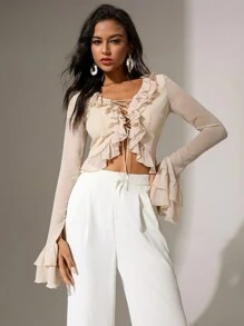 Chiquease Solid Color Crossed Tie Hem Ruffle Trim Bell Sleeve Blouse - Khaki - View 4