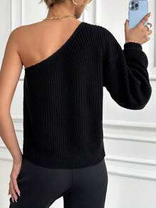 EURMUSE One Shoulder Drop Shoulder Jumper - Black - View 2