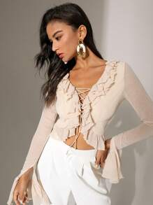 Chiquease Solid Color Crossed Tie Hem Ruffle Trim Bell Sleeve Blouse - Khaki - View 5