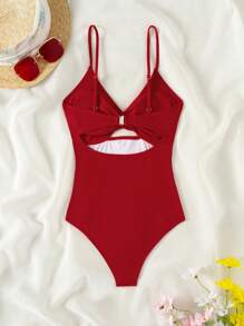 SHEIN Swim Summer Beach Solid Color One-Piece Swimsuit With Twist And Hollow Out Design - Red - View 4