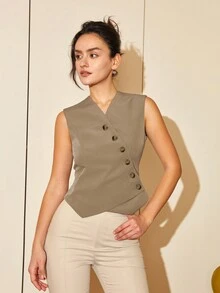 Áo vest blazer ngắn Amyenjoylife dành cho nữ xuân/hè, cài nút xiên, phong cách công sở rave cổ điển - Màu Khaki - Xem 5