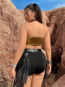 Flirla Hơn Chất rắn Bustier Áo Tube Crop - Vàng - Xem 2