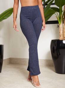 High Waist Glitter Flare Leg Pants - Navy Blue - View 3