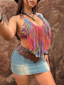 Flirla Plus Size Women's Tassel Halter Knitted Sweater - Red - View 7
