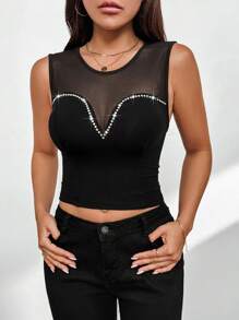 SHEIN Privé 女性情人節約會鑲鑽網眼透視背心，適用於派對、節日和音樂節 - 黑色 - 查看 6