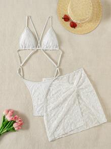 SHEIN Swim 夏季女士 2 件纯色镂空腰部吊带泳衣和罩衫裙套装 - 白色 - 查看 3