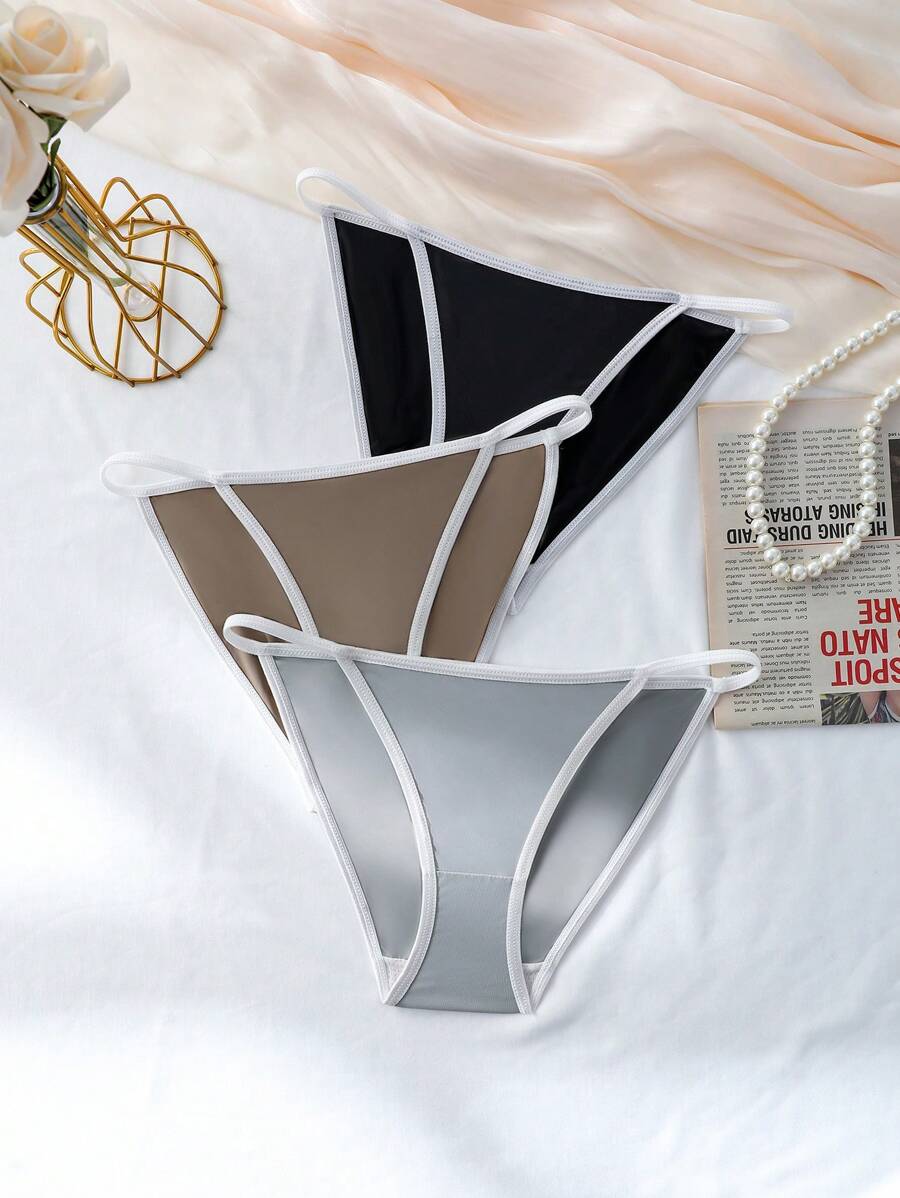 3pcs Women's Contrast Trimmed Triangle Panties Set - Multicolor - View 1