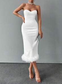 EURMUSE Ladies' Solid Color Splicing Bandeau Dress - White - View 1
