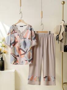 EMERY ROSE 大码植物印花上衣和印花拼布裤两件套 - 彩色 - 查看 1