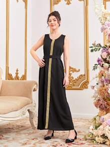 SHEIN 少女梭织拼布金色蕾丝网裙长款外套两件套