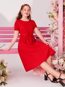 SHEIN Vestido Elegante De Color Sólido Tejido Para Adolescentes Chicas - Rojo - Ver 6