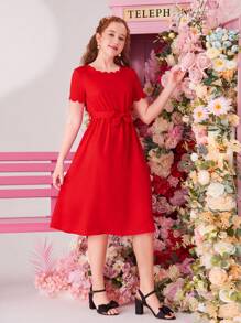 SHEIN Vestido Elegante De Color Sólido Tejido Para Adolescentes Chicas - Rojo - Ver 4