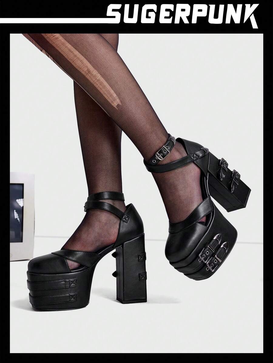 Sugerpunk Women's Gothic Silver Eyelets And Buckles Straps Punk Sexy ...