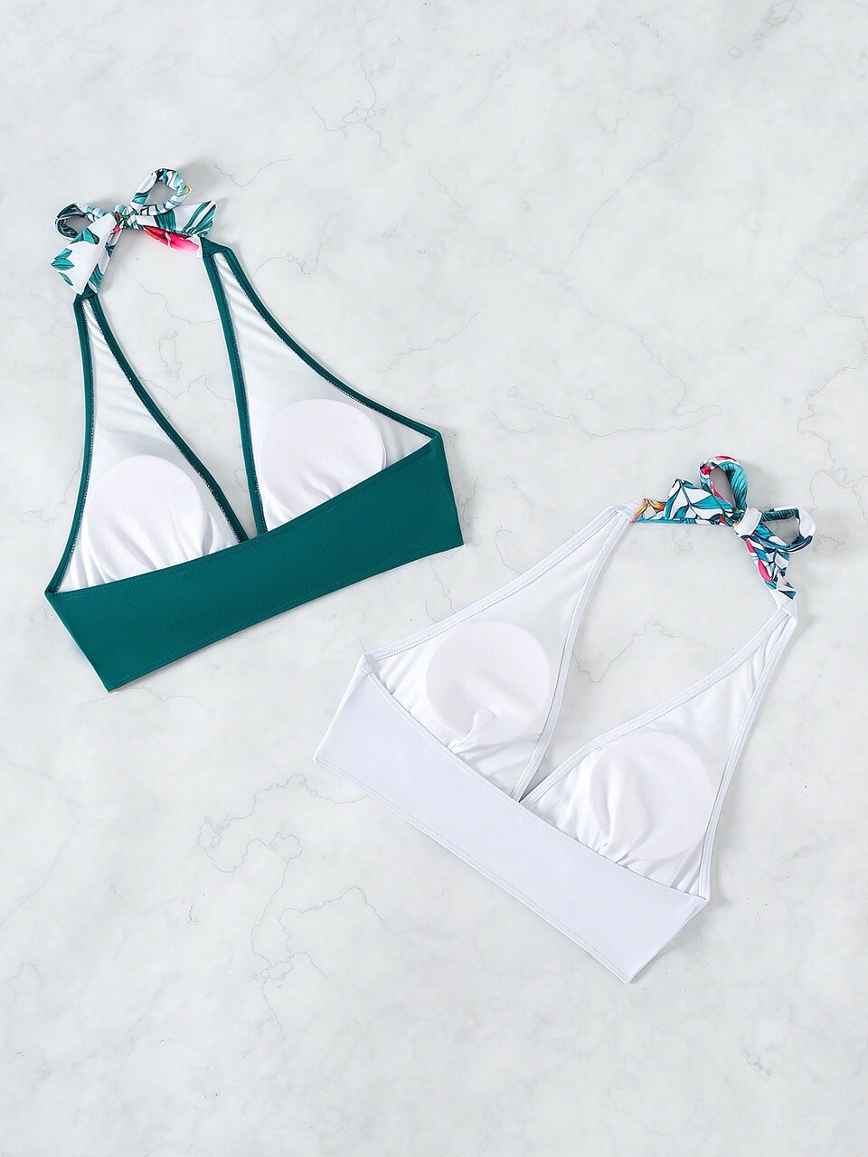Tropical Print Halter Bikini Top With Colorblock Design, 2 Pieces Summer