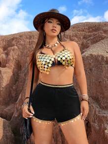 Flirla Plus Size Shiny Sequin Trim Woven Belt Shorts - Black - View 5