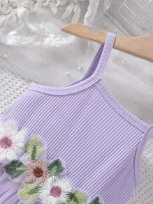 SHEIN Baby Girl Embroidery Contrast Mesh Cami Bodysuit - Purple - View 4