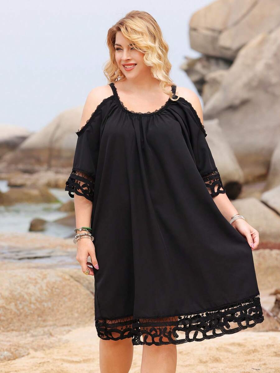 EMERY ROSE 大尺碼女性露肩中空純色裙 - 黑色 - 查看 1