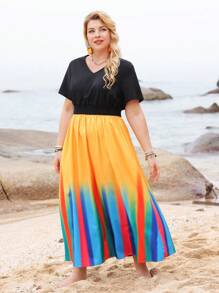 EMERY ROSE Vestido Plus Size De Manga Curta Com Decote Em V E Tingimento Em Gravata Para Mulheres - Multicolorido - Visão 1