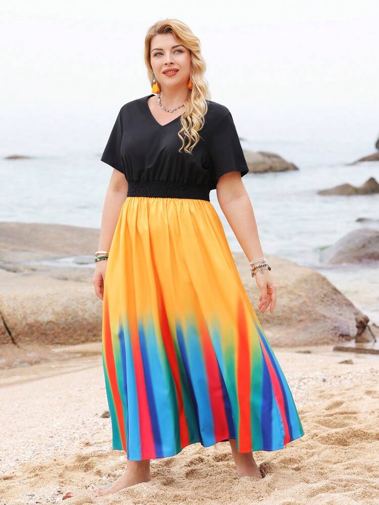Plus Size Women's Tie Dye V-Neck Short Sleeve Dress