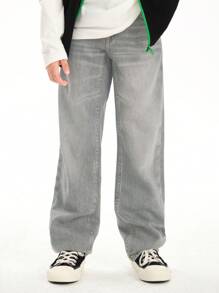 Tween Boy's Straight Leg Denim Pants Loose Fit Casual Trousers, Spring And Autumn