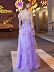 Women's Floral Embroidered Mesh Bandeau Evening Gown - Mauve Purple - View 5