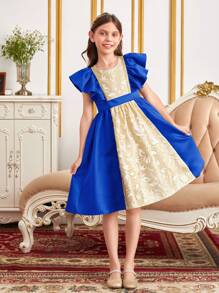 SHEIN Vestido com Manga Curta e Cintura Franzida em Tecido Jacquard com Caimento Colorido para Meninas Pré-Adolescentes