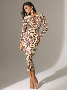 Zolique Zebra Pattern Printed Crossed Straps Hollow Out Slim Long Dress Fall Cloth For Women - Multicolor - View 1