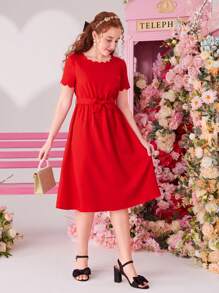 SHEIN Vestido Elegante De Color Sólido Tejido Para Adolescentes Chicas - Rojo - Ver 3