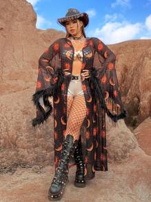 Flirla Plus Size Moon And Star Print Fleece Festival Jacket With Fringe Hem Fall Winter Cloth For Women Autumn - Black - View 7