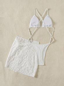 SHEIN Swim 夏季女士 2 件纯色镂空腰部吊带泳衣和罩衫裙套装 - 白色 - 查看 4