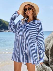 RueChic Striped Loose Fit Drop Shoulder Shirt Dress With Button Front - Blue - View 3