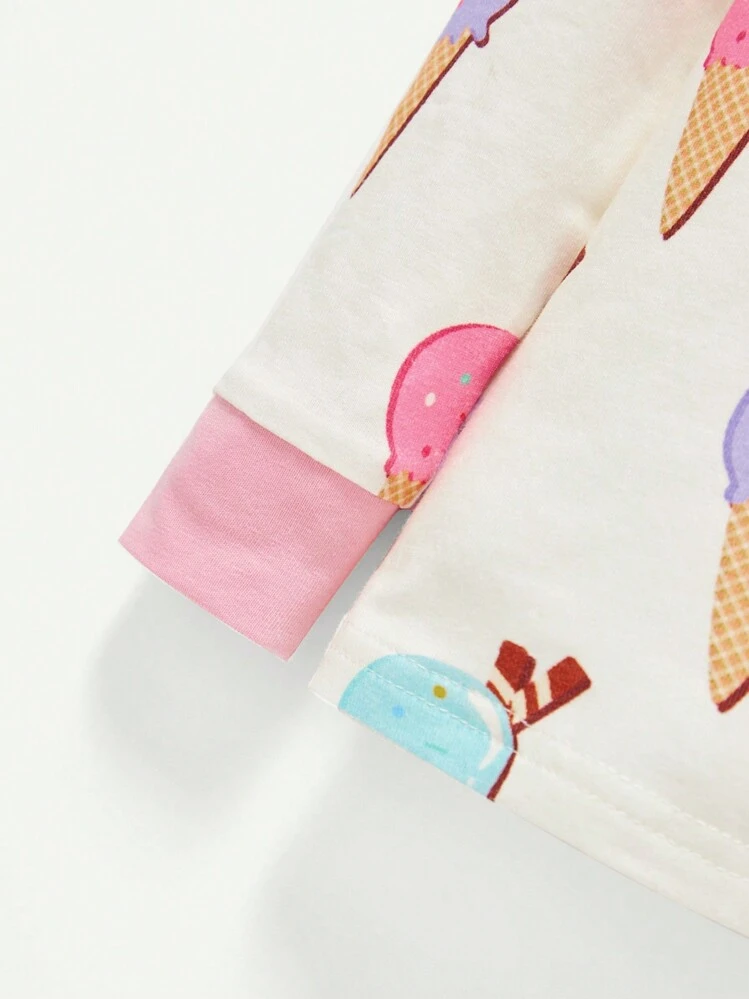 Cozy Pixies Baby Girl Snug Fit Pajama Set, Cartoon Fun Ice Cream Design, Round Collar, Regular Sleeve Pullover Top & Footed Pants - Pink - View 9
